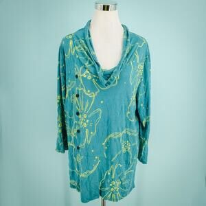 Chalet Size XL Aqua Lime Floral Print Cowl Neck Button Artsy Bamboo Tunic Top